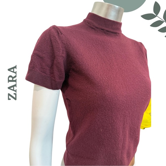 🛍️3/$40 ZARA Burgundy Wool Mock Neck Knit Top Short Sleeve – Size M - Picture 5 of 6
